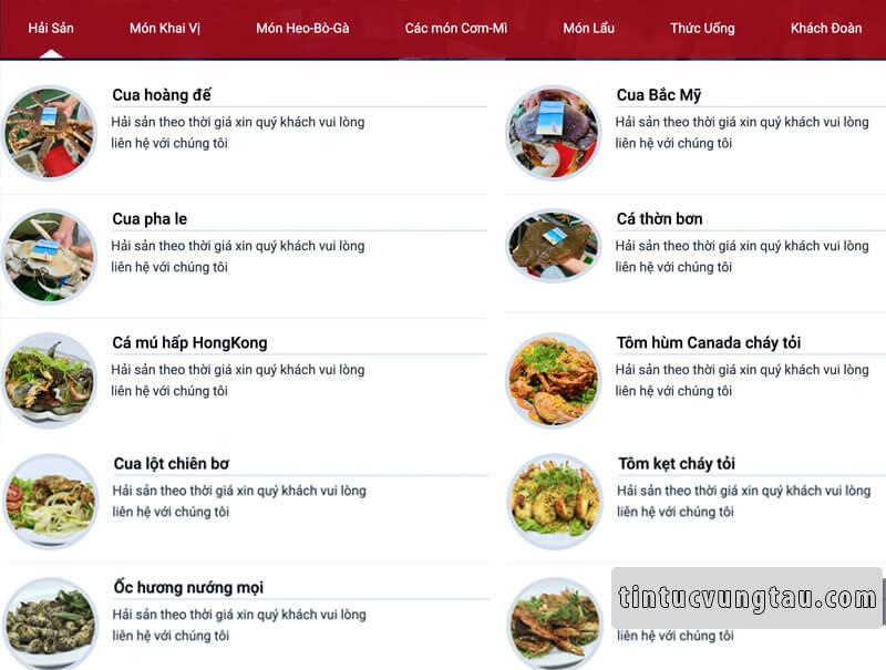 menu của nhà hàng gành hào Vũng Tàu